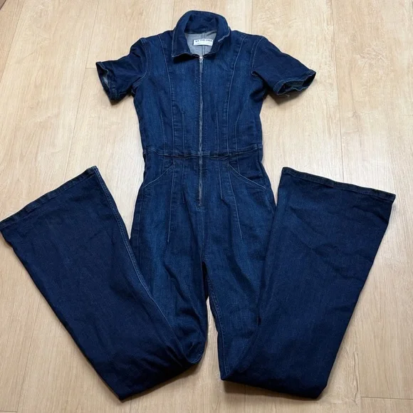 Free People Jayde Denim Flared Jumpsuit- Night Sky Dark Wash, SMALL - Picture 4 of 10